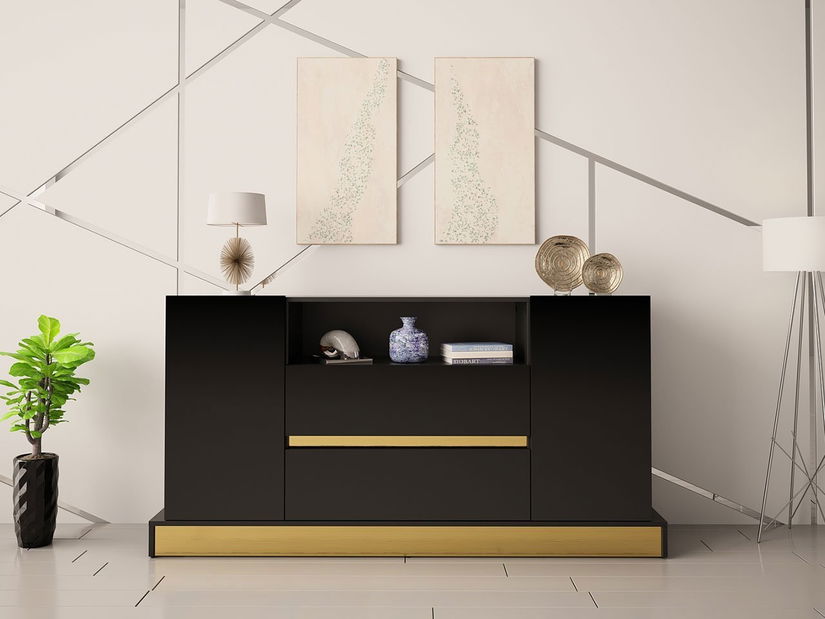 Komoda 170 cm Bariput (čierny lesk + zlatá) *výpredaj
