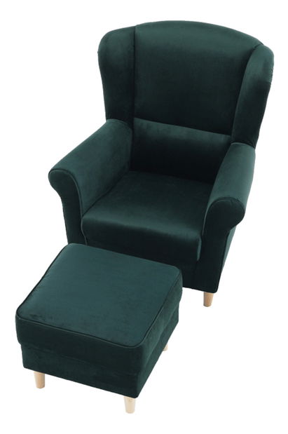 Kreslo ušiak s taburetkou Aveo (smaragdová)