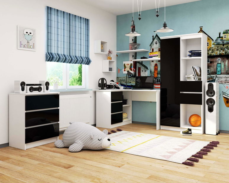 Masă PC de colț Bodhi (Alb + negru lucios) (S)