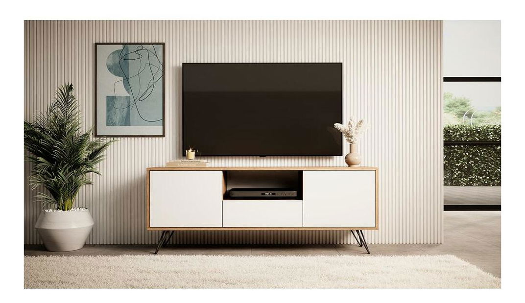 Masă TV Polynesia (cu iluminat) (stejar wotan + alb)