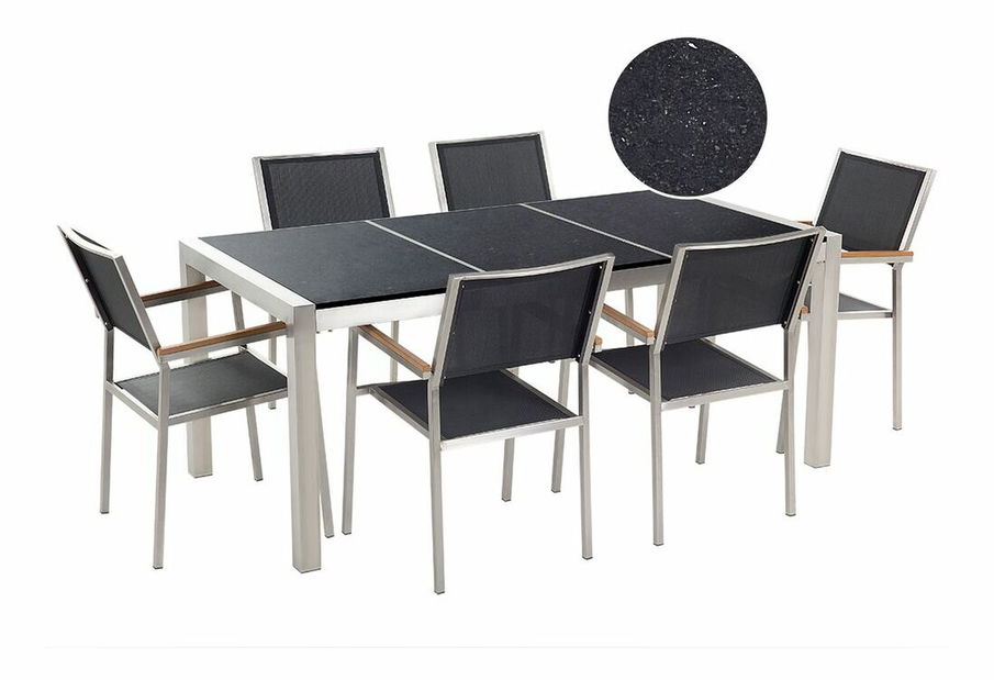 Set de masă pentru grădină Grosso (piatră naturală) (scaune negre)