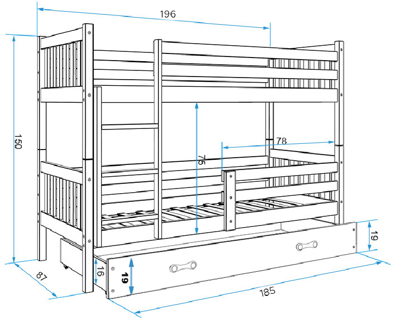 Krevet na kat 80 x 190 cm Carius B (bijela + plava) (s podnicom, madracem i prostorom za odlaganje)