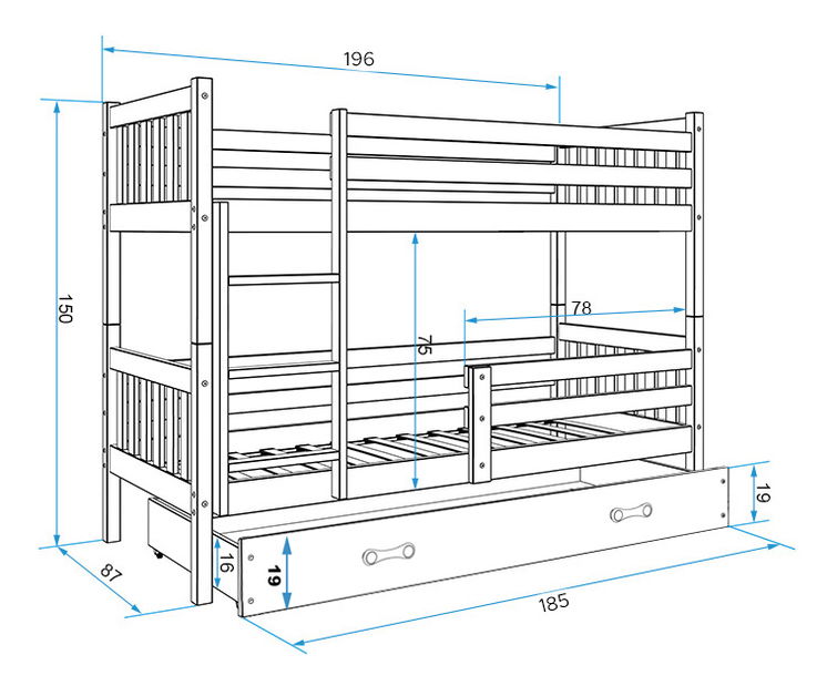Krevet na kat 80 x 190 cm Carius B (grafit + zelena) (s podnicom, madracem i prostorom za odlaganje)