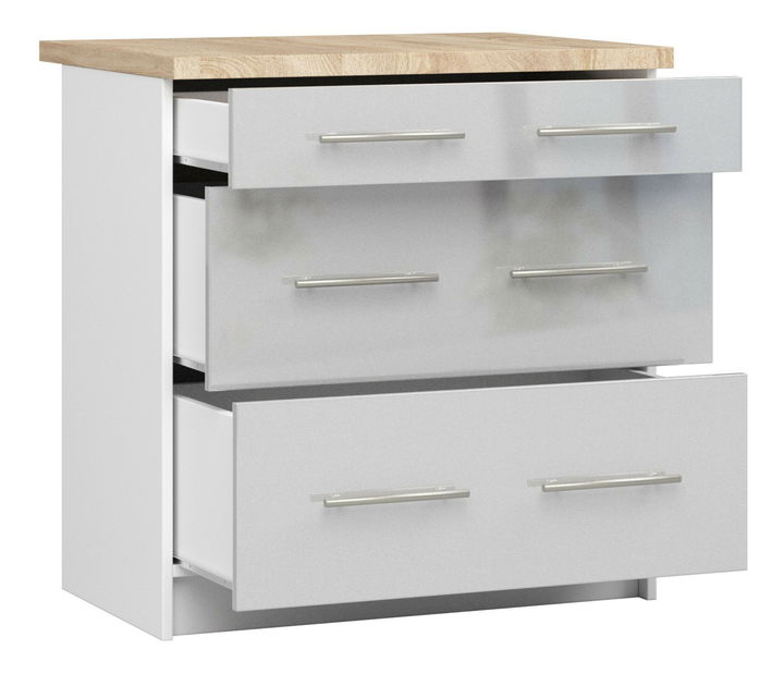 Alsó konyhaszekrény Ozara S80 3SZ (fehér + fényes fém) 