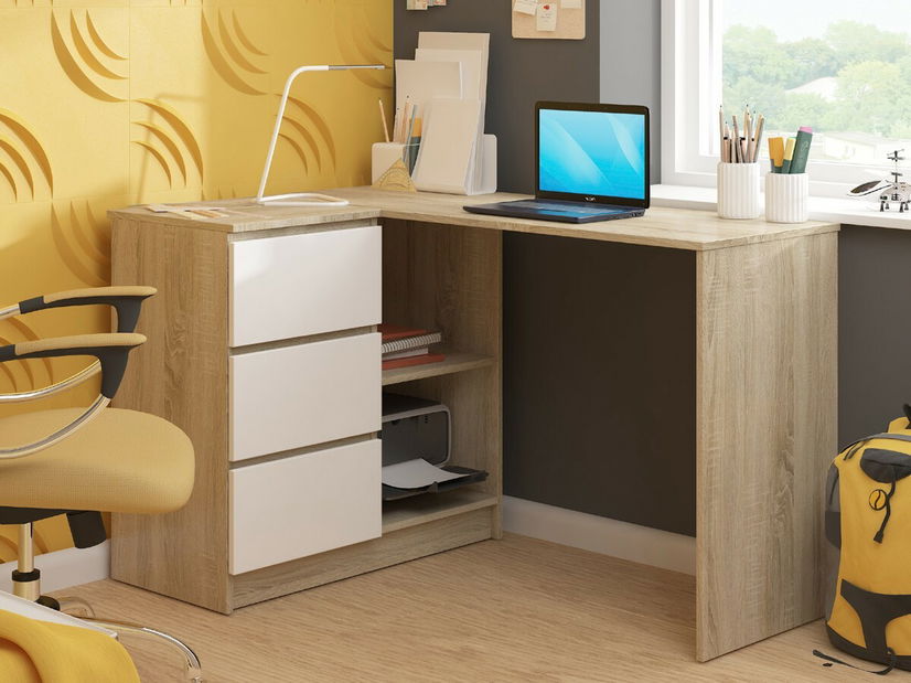 Rohový PC stolík Bodhi (dub sonoma + biela) (L)