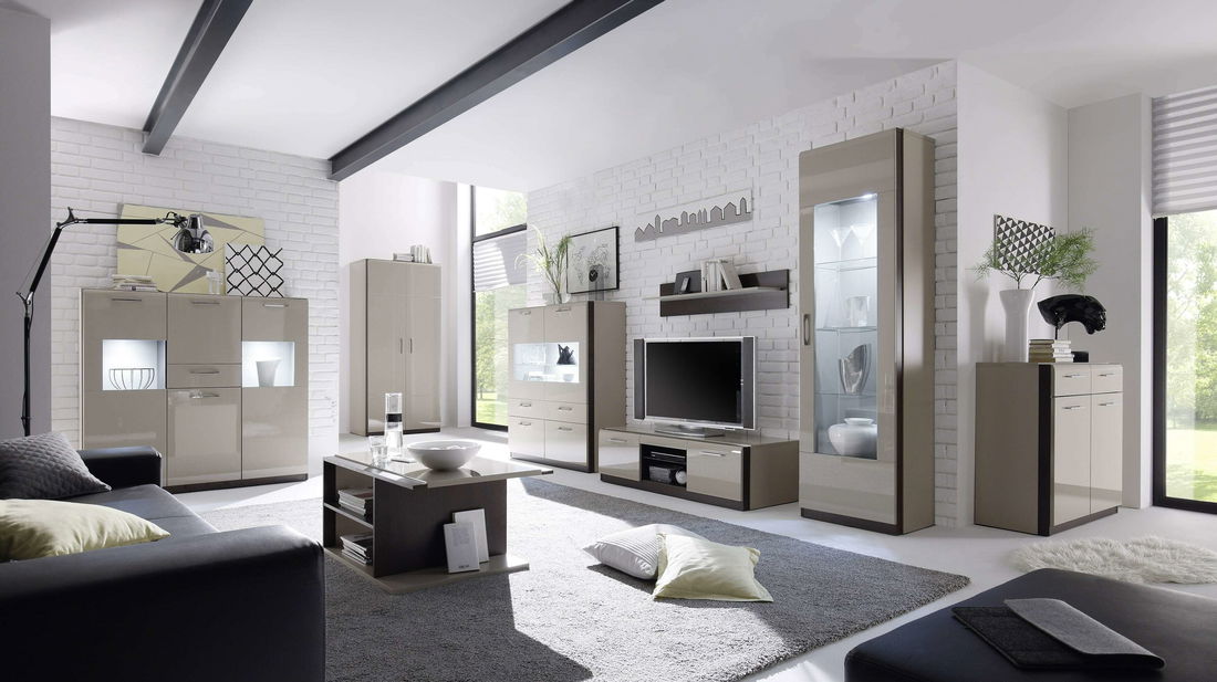 Vitrína Melia Typ 46 (sivá piesková + dub sonoma tmavá + sivý pieskový lesk)