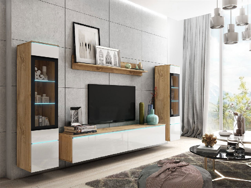 Mobilier living Selwyn II (wotan + Alb lucios ) (iluminat LED Alb)