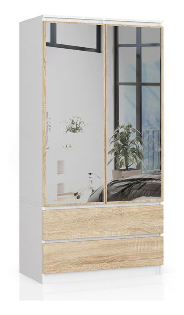 Šatníková skriňa Safwan II (biela + dub sonoma) (so zrkadlom)