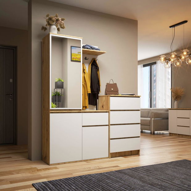 Mobilier hol Enteruno (stejar artisan + alb) (cu oglindă)