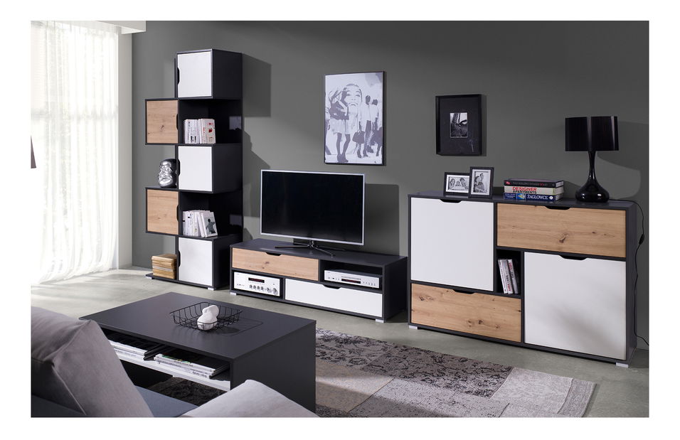 Komód Iweta K3SZ (grafit + matt fehér + artisan tölgy)