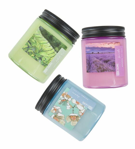 Sada 3 ks vonných sviečok biely čaj/levanduľa/jazmín Baila (modrá)