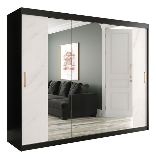 Dulap de haine 250 cm Marbelo T2 (mat negru + marmură albă)