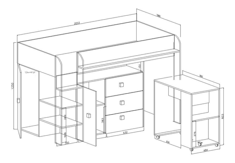 Pat multifuncțional 90 cm Toreno 1 (Alb + alb lucios + mânere gri lucios)