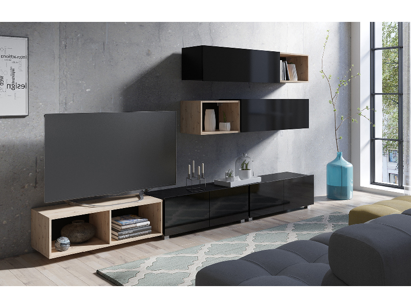 Mobilier living Calabria C25 BLACK (Negru + Stejar artisan) (fără iluminat)