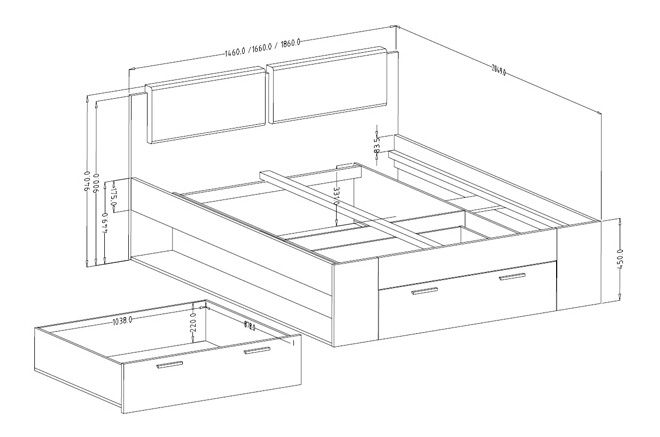 Pat matrimonial 160 cm Glynda Typ 51 (și sp. depozitare) (stejar monastery + negru lucios)