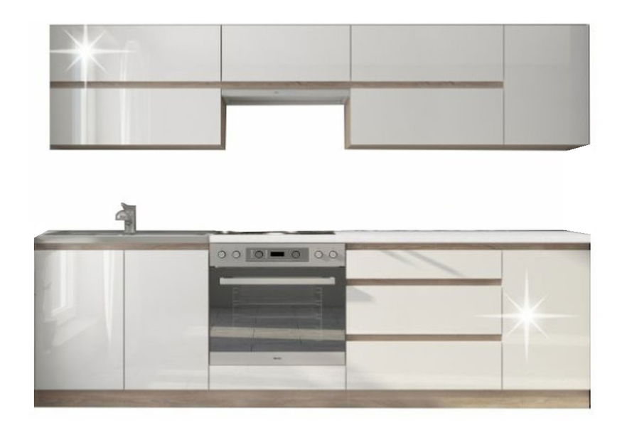 Bucătărie Lilouse 260 cm Stejar sonoma + Alb ultralucios *vânzare stoc