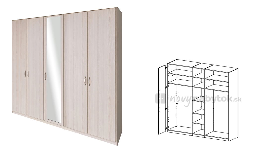 Šatníková skriňa Decodom Cassanova S 5 DV jaseň coimbra (so zrkadlom)