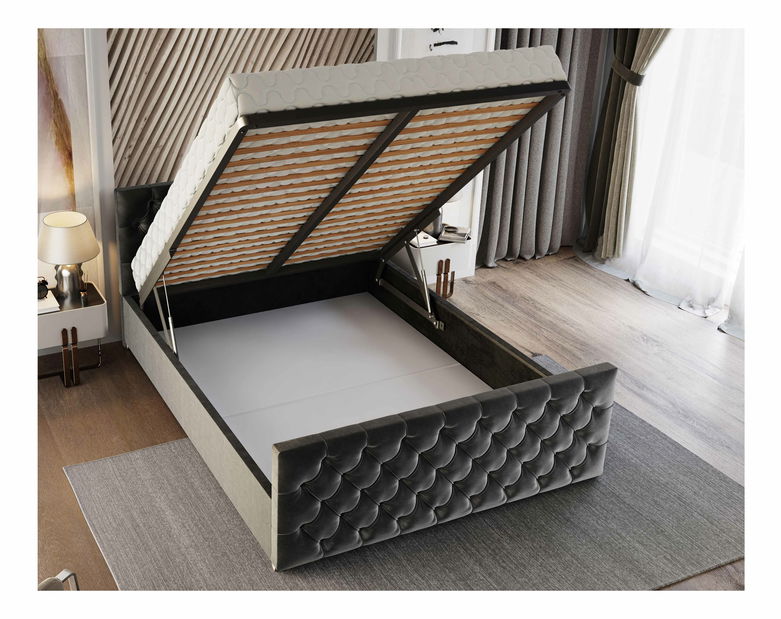 Pat matrimonial 160 cm Velva (Negru) (cu somieră și sp. depozitare)