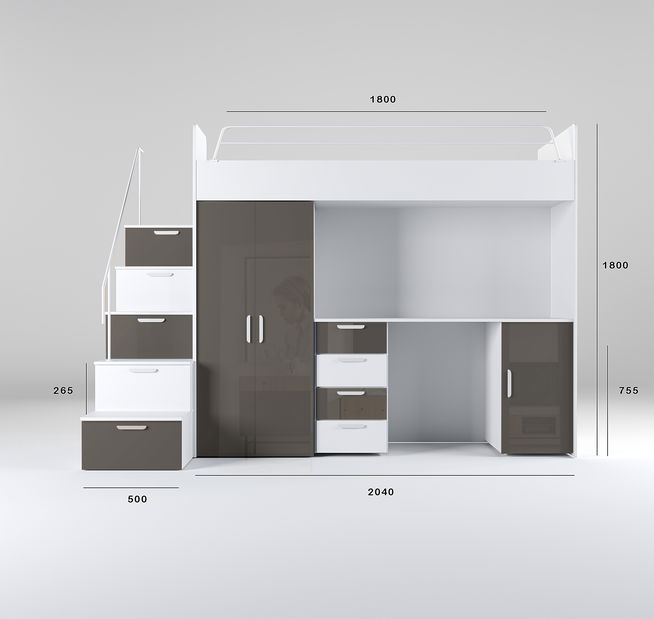 Detská posteľ Ruby IV S (Biela + Sivá) (s roštami)