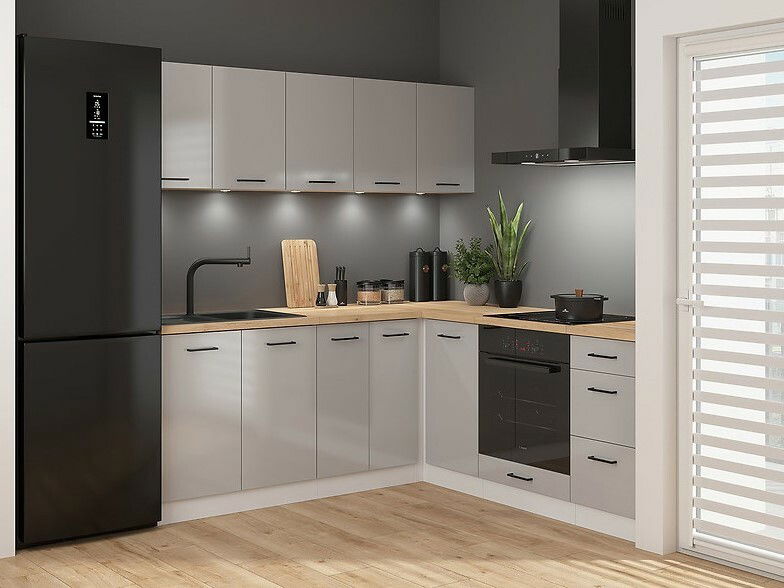 Kutna kuhinja Junona Line 200 + 200 cm (bijela + svijetlosivi sjaj + hrast craft zlatni)