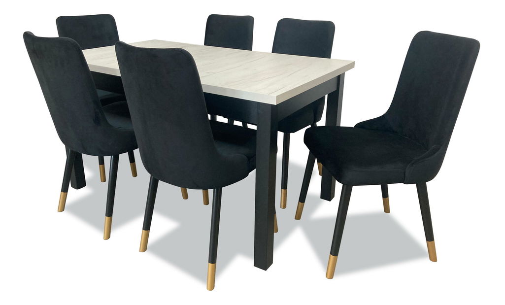 Set mobilier sufragerie Alita 2 (alb + albastru închis) (pentru 6 persoane)