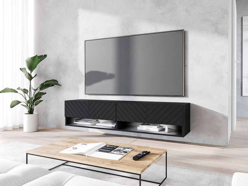 Dulap TV de perete Adenuk 140 MDF (Negru grafit + Negru) (cu iluminat LED RGB)