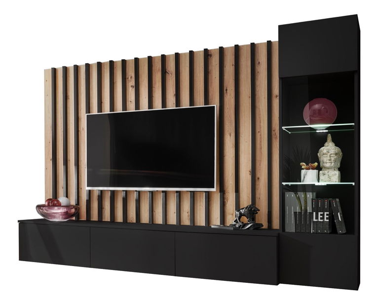 Mobilier living Vertic (stejar artisan + negru (cu iluminat LED)