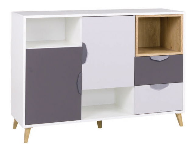 Comodă Juna 7 (alb + grafit + gri + stejar lefkas)