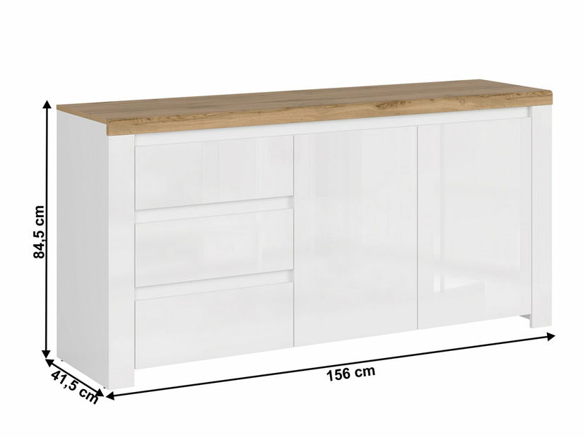 Komoda Vilgi 2D3S (vysoký lesk biely + dub wotan)