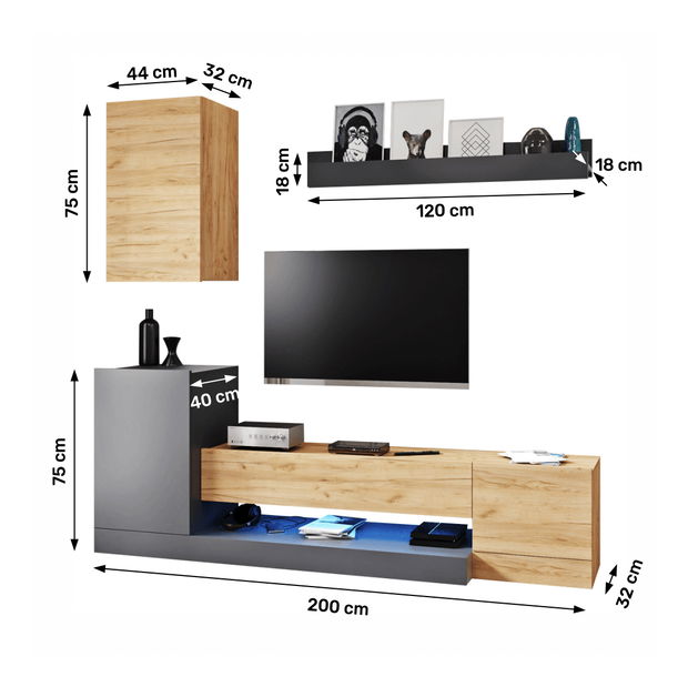 Obývacia stena Daola (sivá + dub wotan) *výpredaj