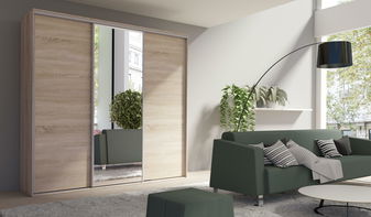 Šatníková skriňa s posuvnými dverami Gantera 3 B (dub sonoma) (so zrkadlom)