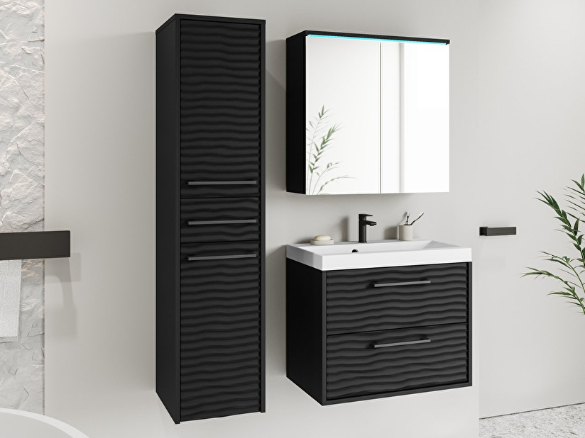 Mobilier baie Tameko I (Negru grafit + Negru) (cu sifon) (cu iluminat LED albastru)