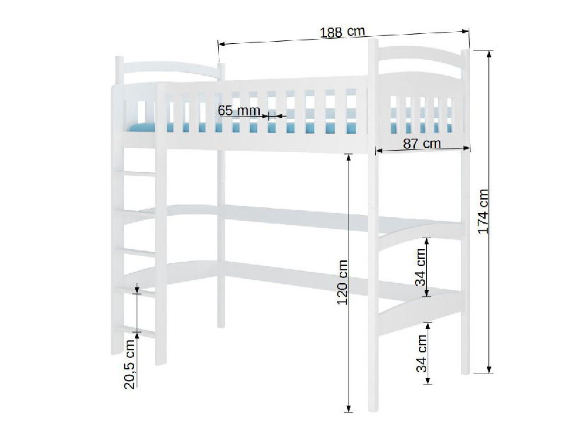 Emeletes gyerekágy 180x80 cm Milo (ágyráccsal és matraccal) (fehér)