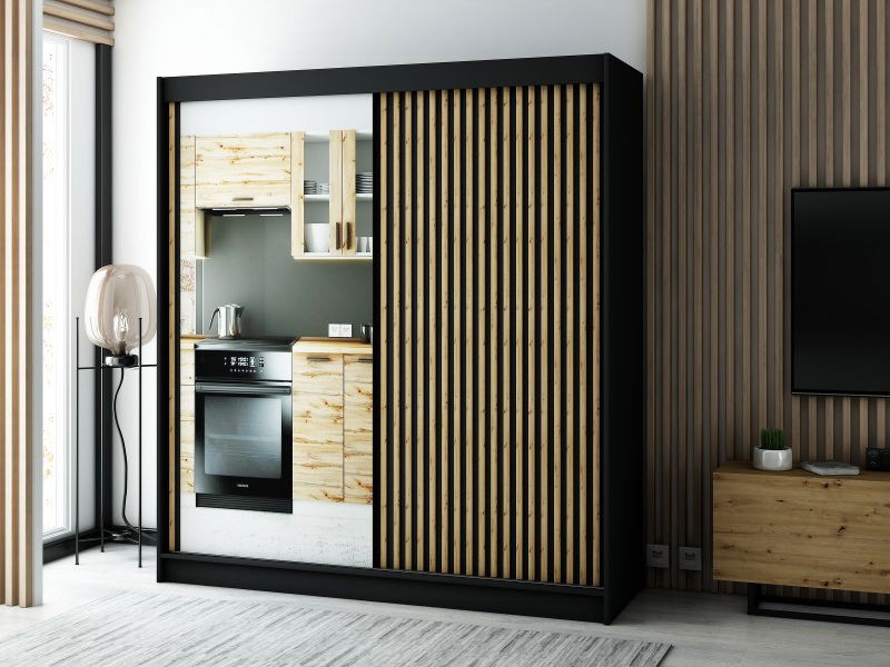 Šatníková skriňa 200 cm Ladonna 2 (čierna matná) (so zrkadlom)