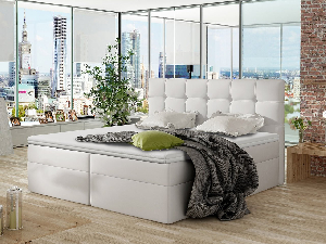 Pat matrimonial Boxspring Kennedy (140x200) (piele ecologică Soft 017 (Alb))