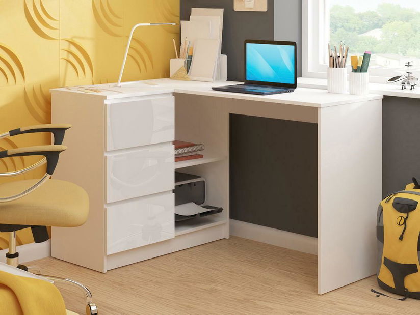 Masă PC de colț Bodhi (Alb + alb lucios) (S)