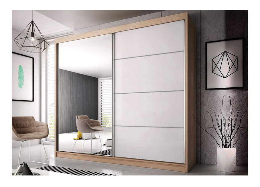 Šatníková skriňa Mebur 35 230 (dub sonoma + zrkadlo + lesk biely)