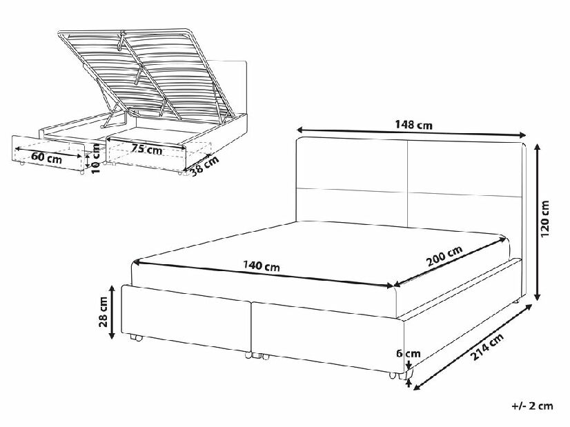 Manželská posteľ 140 cm Vissarion (sivá) (s roštom a úložným priestorom)