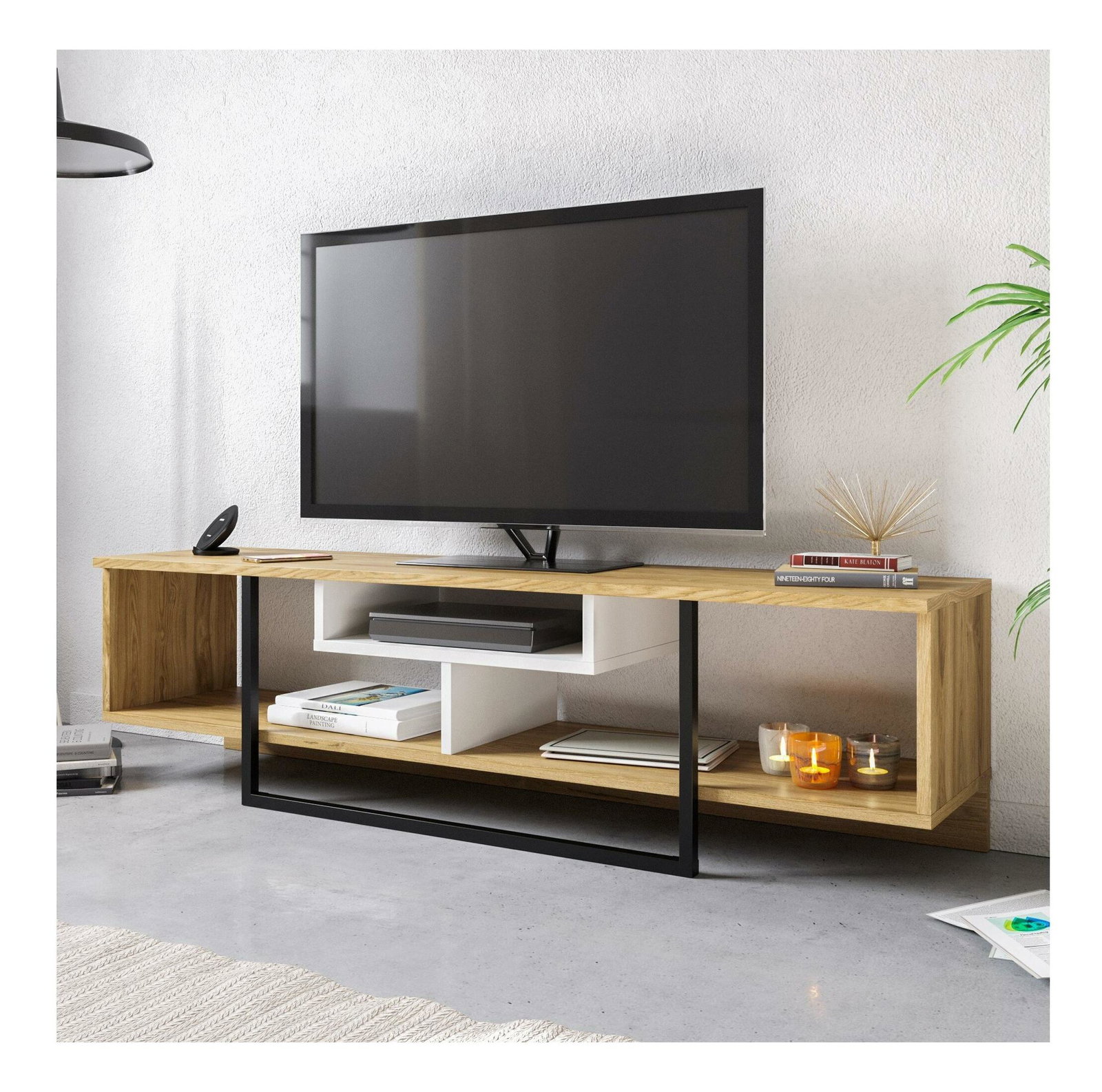 TV stolík/skrinka Aslana 150 (biela + čierna + dub)