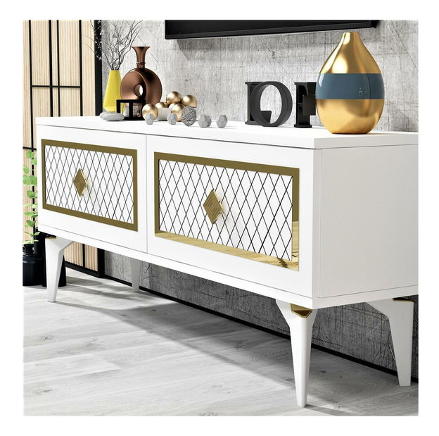 Masă TV/Dulap Mukanu (alb + auriu) 