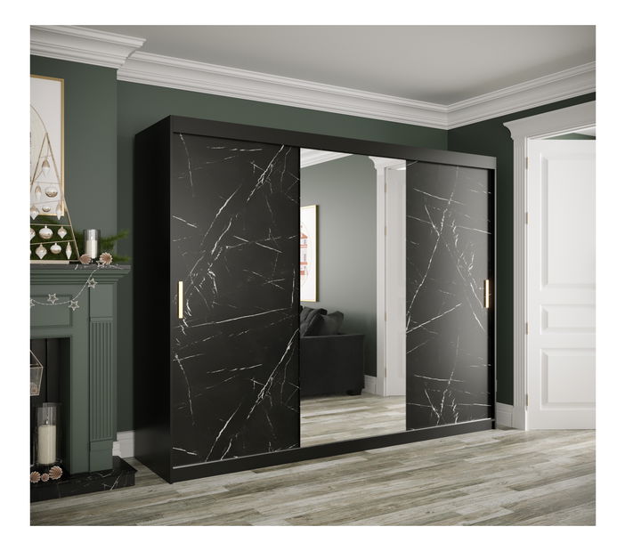 Šatníková skriňa 250 cm Marbelo T1 (matná čierna + čierny mramor)