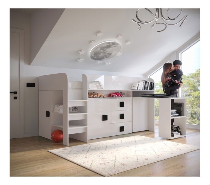 Pat multifuncțional 90 cm Toreno 1 (Alb + alb lucios + mânere negru lucios)