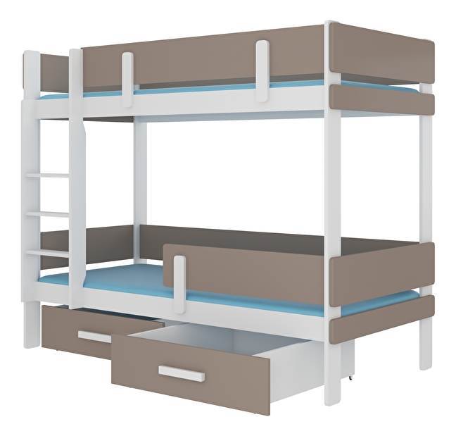 Poschodová detská posteľ 200x90 cm Ellen (s roštom a matracom) (biela + truflová)