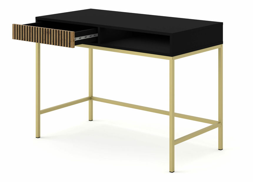 Konzolový stolík F Rowanna (čierna + dub artisan + zlatá)