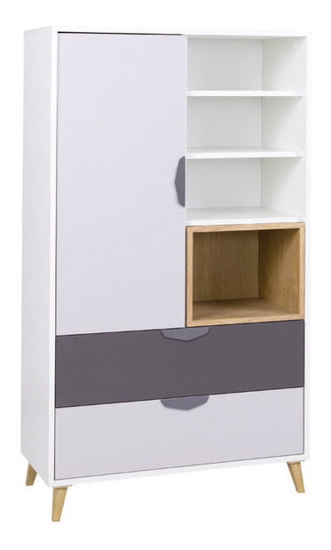 Dulap cu rafturi Juna 5 (alb + grafit + gri + stejar lefkas)