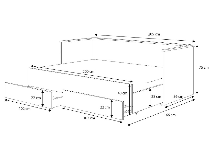 Pat pentru copii, extensibil200x80-160 cm Henrieta (cu somieră și saltea) (Alb)