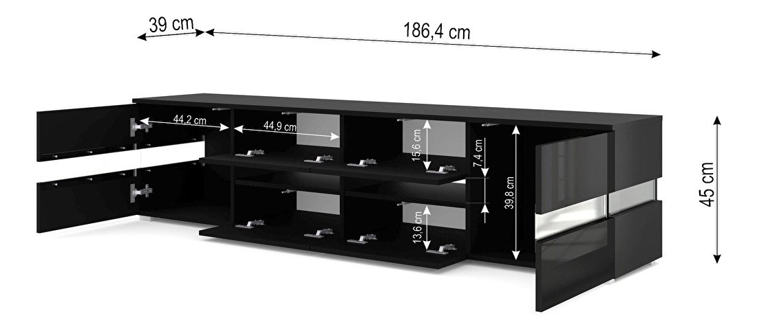 TV stolík/skrinka Vaimo (matná čierna + lesklá čierna) (s osvetlením)