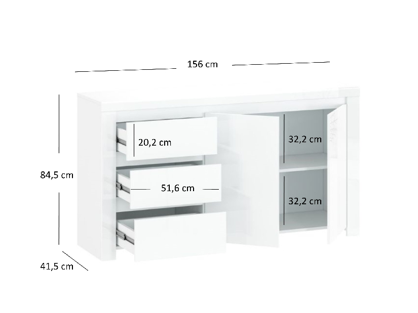 Komód Leona 2D3S (fényes fehér)