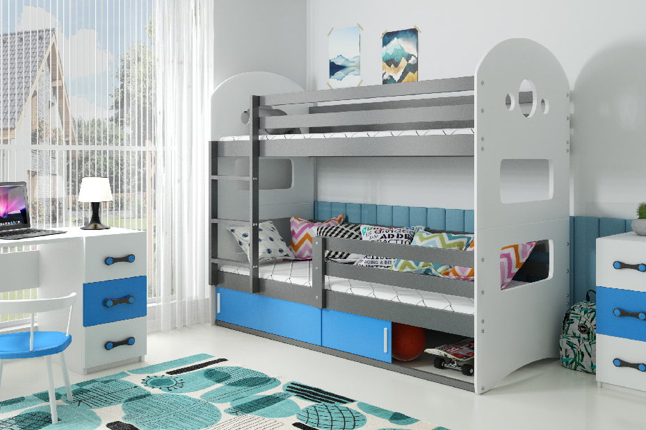 Poschodová posteľ 80 x 190 cm Domur (grafit + modrá) (s roštami, matracmi a úl. priestorom)