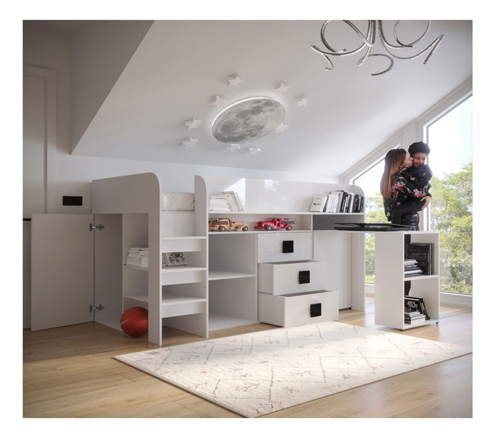 Pat multifuncțional 90 cm Toreno 1 (Alb + alb lucios + mânere gri lucios)